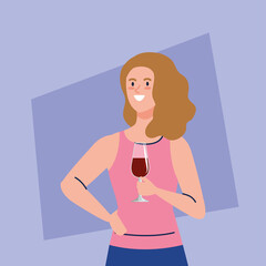 happy woman with cup wine, healthy lifestyle, celebrating holiday party vector illustration design