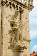 It's Statue on the Cathedral of St. Lawrence (Katedrala Sv. Lovre), a Roman Catholic triple-naved basilica constructed in Romanesque-Gothic in Trogir, Croatia. UNESCO World heritage