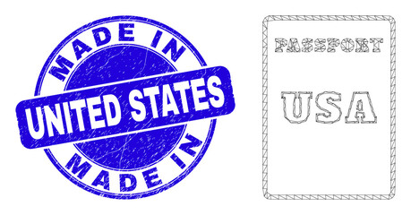 Web mesh USA passport pictogram and Made In United States seal. Blue vector round textured stamp with Made In United States caption.