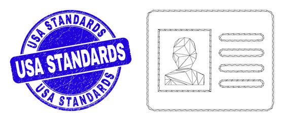 Web mesh user card icon and USA Standards watermark. Blue vector rounded scratched seal with USA Standards title. Abstract frame mesh polygonal model created from user card icon.