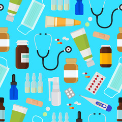 Medicine. Medical icons. Pattern. Vector illustration with infinitely repeating elements. Seamless background