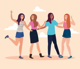 Fototapeta premium happy characters, young women group, friendship excitement, cheerful laughing from happiness vector illustration design
