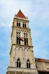 It's Bell tower of the Cathedral of St. Lawrence (Katedrala Sv. Lovre), a Roman Catholic triple-naved basilica constructed in Romanesque-Gothic in Trogir, Croatia. UNESCO World heritage