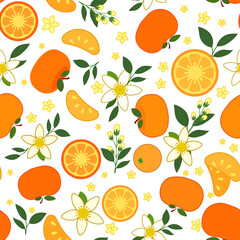 Tangerine illustration with flowers and leaves saturated colorful seamless pattern