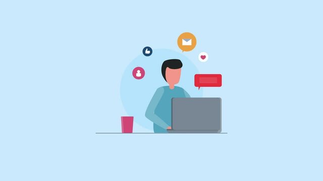 Digital marketing campaign with character animation. Internet marketing and technology specialist working on digital advertising and marketing strategy. 2d animation, 4k video clip.