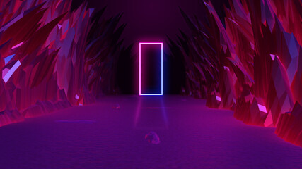3d render of abstract background with neon light. On both sides of the road are polygon shaped stone bars. and a meteor shower from the sky