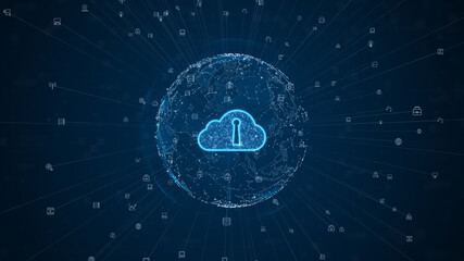 Digital Cloud Computing of cyber security, Digital data network protection, Global communication and information exchange, Future technology network background concept.