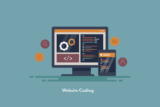 Programming and coding, software development, website coding, code language on mobile and computer screen concept. Web banner template for presentation, blog, internet and technology.