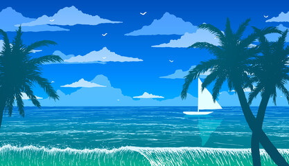 Palm trees and white yacht on blue ocean shore 