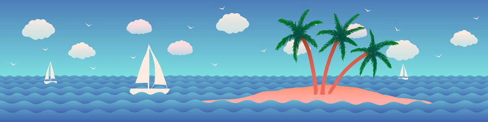 Fototapeta na wymiar Vector cartoon flat abstract illustration of island in ocean with white yacht.