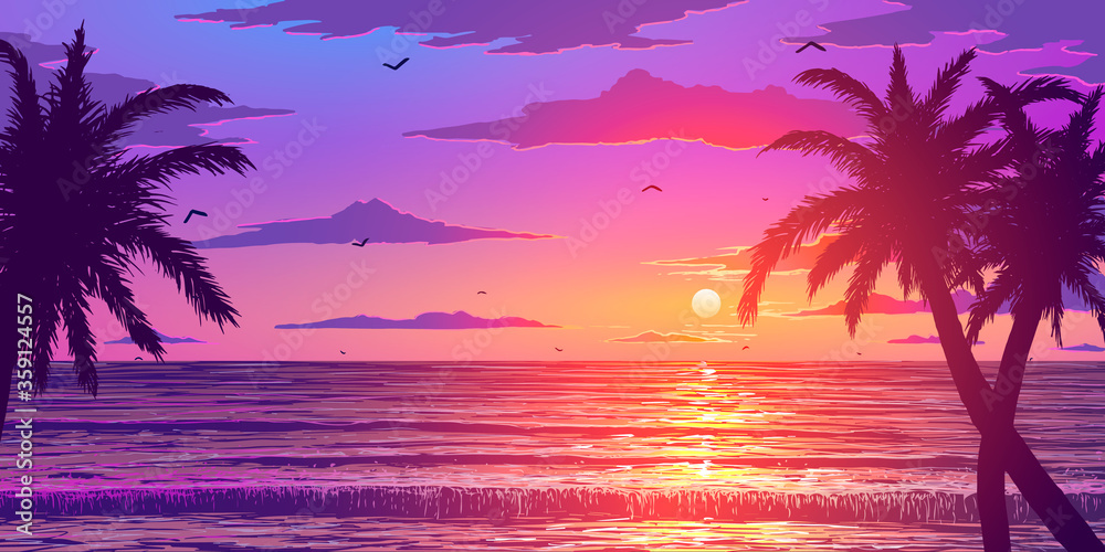Wall mural vector illustration. silhouettes of palm trees on the background of the ocean at sunset. - Wall murals