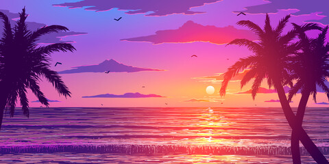 Vector illustration. Silhouettes of palm trees on the background of the ocean at sunset. - 359124557