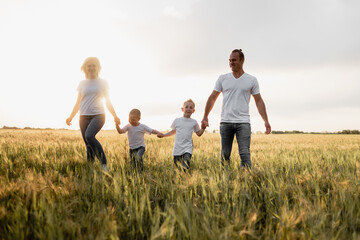 A happy family, dad, mom and two sons walk in a wheat field and watch the sunset. White T-shirts. Harvest cereals.