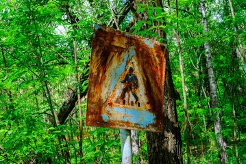 Old sign in Chernobyl, a town in Ukraine, famous by the nuclear reactor explosion disaster on April...