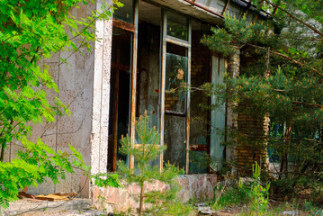 Fototapeta na wymiar Abandoned house and green trees growing just in the street in Pripyat, a ghost town in northern Ukraine, evacuated the day after the Chernobyl disaster on April 26, 1986