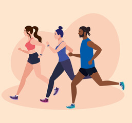 Obraz na płótnie Canvas women and man running in landscape, people in sportswear jogging, persons athlete, sporty persons vector illustration design