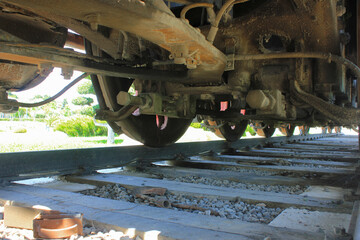 Azerbaijan. Old steam locomotive on the boulevard. View from below. Baku city