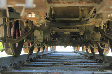 Azerbaijan. Old steam locomotive on the boulevard. View from below. Baku city