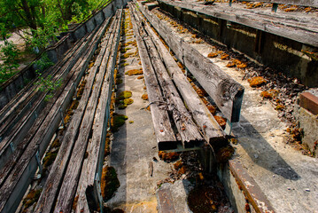 Damaged wooden tribunes in the sports stadium in Pripyat, a ghost town in northern Ukraine, evacuated the day after the Chernobyl disaster on April 26, 1986