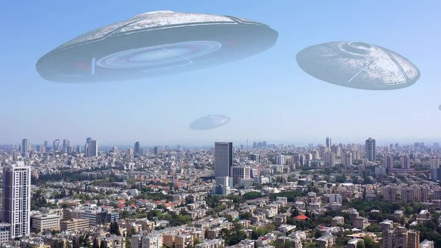 Alien ufo Invasion Saucers over Large City, 3d Illustration
Tel aviv, Israel, Drone view with visual effect Elements
