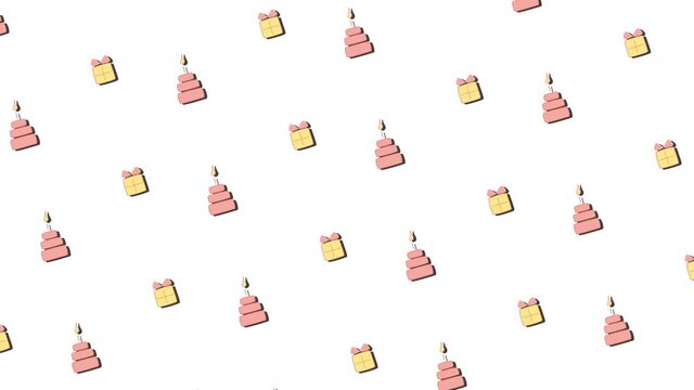 Happy birthday moving animation, looping and seamless animated video. Pink and yellow holiday celebration 4K intro or background with cake and gift box illustration