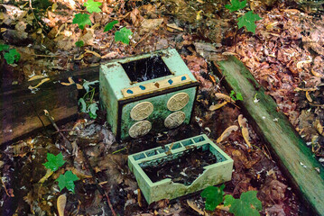 Toy oven near the Abandoned kindergarten Pripyat, a ghost town in northern Ukraine, evacuated the day after the Chernobyl disaster on April 26, 1986