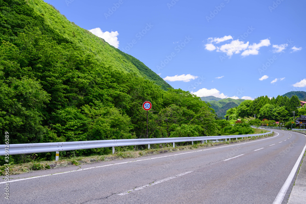 Wall mural 道路と青空と新緑の山