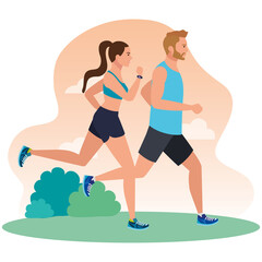 couple running in landscape, woman and man in sportswear jogging, people athlete, sporty persons vector illustration design