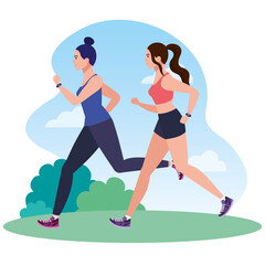 Fototapeta na wymiar women running in landscape, women in sportswear jogging, female athlete, sporty persons vector illustration design
