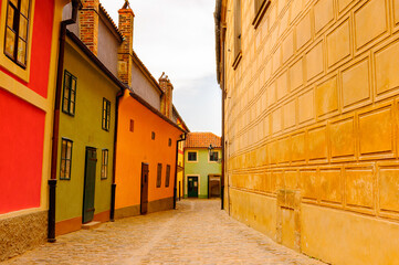Different color houses on the narrow street, Czech Republic