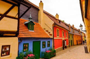 Different color houses on the narrow street, Czech Republic