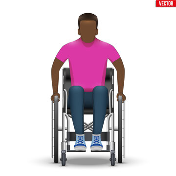 Disabled black man in wheelchair. Disability Man sitting in wheelchair and hold wheel. Front view. Vector Illustration isolated on white background.