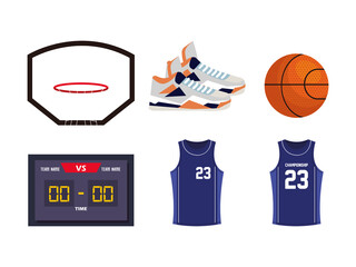 set of basketball icons, contains such icons as hoops basket, shoes, ball, score board, shirts vector illustration design