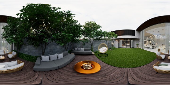 3d illustration spherical 360 vr degrees, a seamless panorama of the room and apartment . interior design 3D rendering.reception in a modern panoramic house.