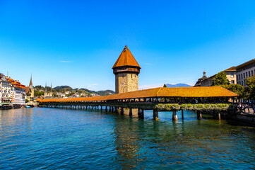Wasserturm (water tower) of the Kapellbrucke (Chapel Bridge) Lucerne, a city in the German-speaking part of Switzerland