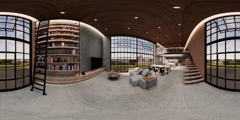 3d illustration spherical 360 vr degrees, a seamless panorama of the room and apartment . interior design 3D rendering.reception in a modern panoramic house. © anon