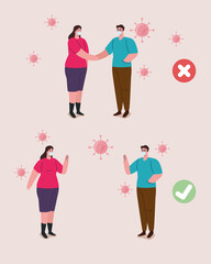social distancing done in the wrong and correct way, people keeping safe distance, prevention coronavirus covid 19 vector illustration design