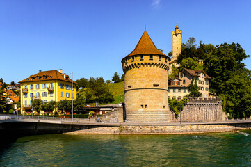 Architecture on the river Reuss in Lucerne, a city in the German-speaking part of Switzerland