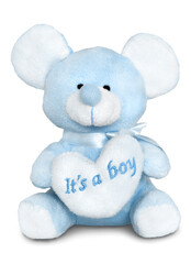 Blue plush teddy bear toy with heart. On the heart is writting "It is a boy" Small bear made of plush with big heart. Isolated on white background with natural shadow. Plushie toy for male newborns.