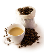 bag of coffee beans with cup of fresh coffee