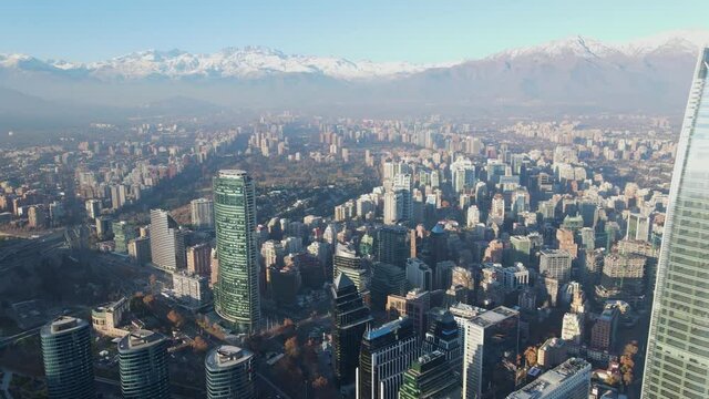 Aerial panorama of the city skyline of downtown Santiago, Chile-4K