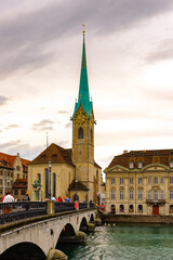 Imperial Abbey of Fraumunster (Reichskloster Fraumunster), Limmat river, Zurich, Switzerland