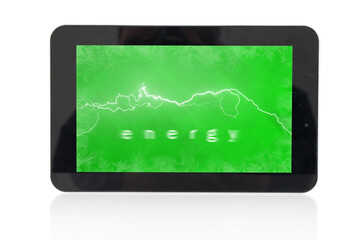 Tablet with "green energy" graphic art work. Green energy concept. With clipping path. Tablet with white flash and blurred "energy" writting on green background. Renewable energy concept.
