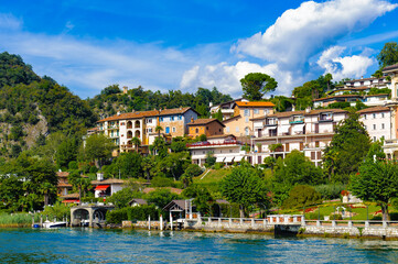 Fototapeta na wymiar Lavena Ponte Tresa, a comune on Lake Lugano, the Province of Varese in the Italian region Lombardy