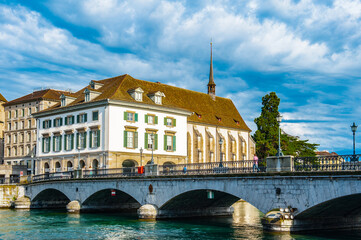 Naklejka premium Architecture of Zurich, Switzerland, over the river Lammat