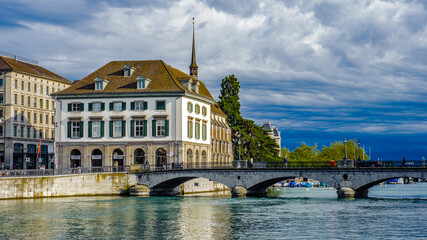 Fototapeta na wymiar Architecture of Zurich, Switzerland, over the river Lammat
