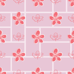 Vector Purple with Pink Blossoms & Screen from Sukura collection seamless pattern background. Modern geometric design featuring, blossom flowers & a Japanese screen background. For Décor, accessories