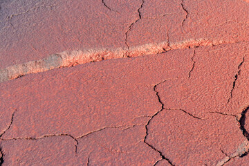 Texture of red wet ground polluted with iron ore waste