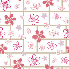 Vector White with Pink Blossoms & Screen from Sukura collection seamless pattern background. Modern geometric design featuring, blossom flowers & a Japanese screen background. For Décor, accessories