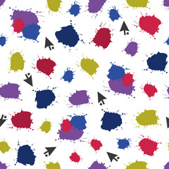 Vector White with Paint Splats and Digital Arrows seamless pattern background from Create Art Collection. Scattered modern repeat pattern featuring paint art media good for stationery and packaging.
